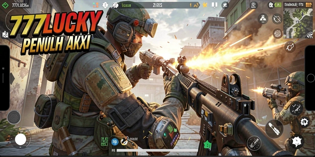 Screenshot gameplay 777LUCKY menampilkan aksi intens di medan perang.