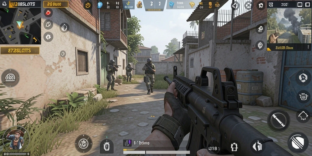 Tampilan gameplay menegangkan dalam 8728SLOTS dengan aksi FPS yang seru.