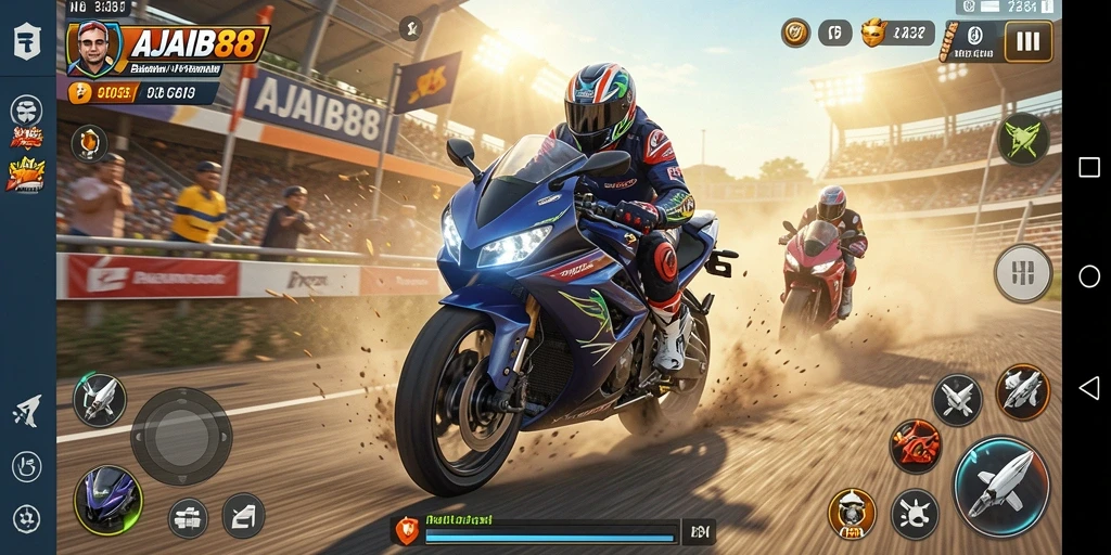 Screenshot AJAIB88 menampilkan aksi balapan motor yang intens.