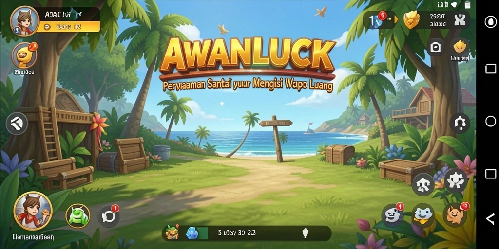 Tangkapan layar utama gameplay <strong>AWANLUCK</strong> dengan karakter ceria dan tantangan menarik.