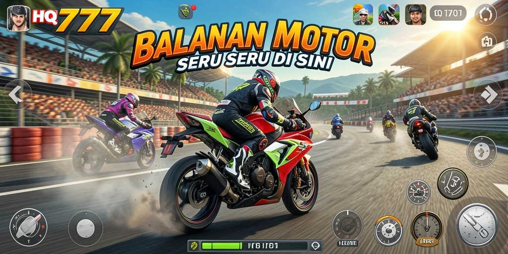 Screenshot yang menunjukkan aksi balap motor yang menegangkan.
