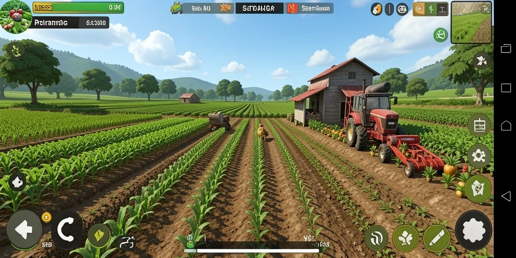 Tampilan gameplay ME355 dengan aktivitas bertani yang seru.