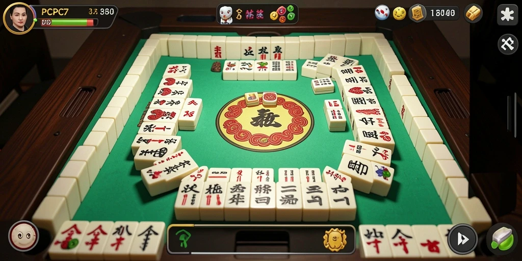 Screenshot gameplay PCPC7 menampilkan tampilan ubin Mahjong yang menarik.