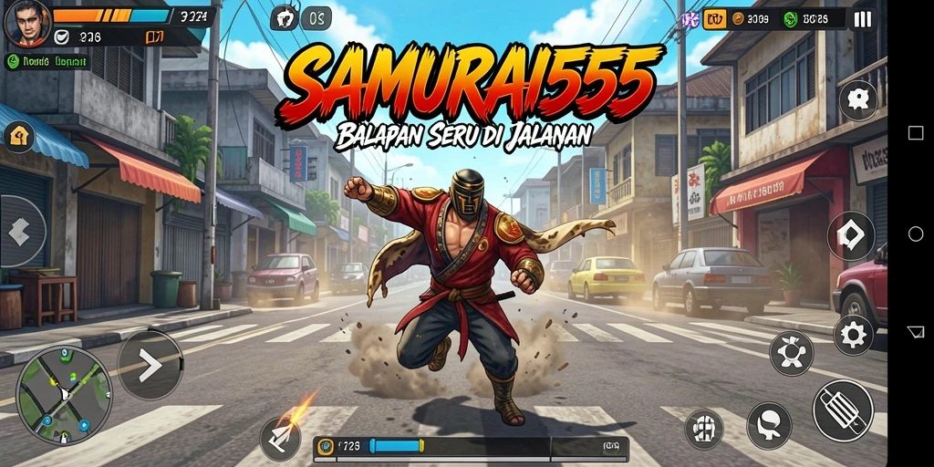 Screenshot gameplay SAMURAI555 menampilkan momen balapan seru.